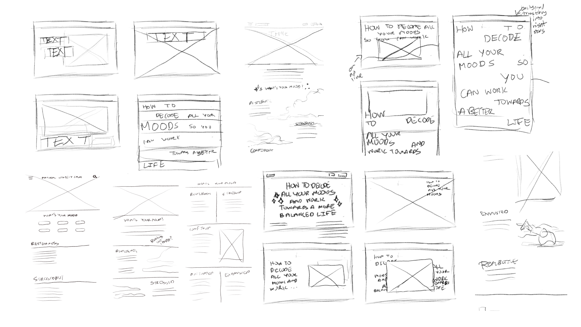 Website design and illustration project concept sketches and process work.